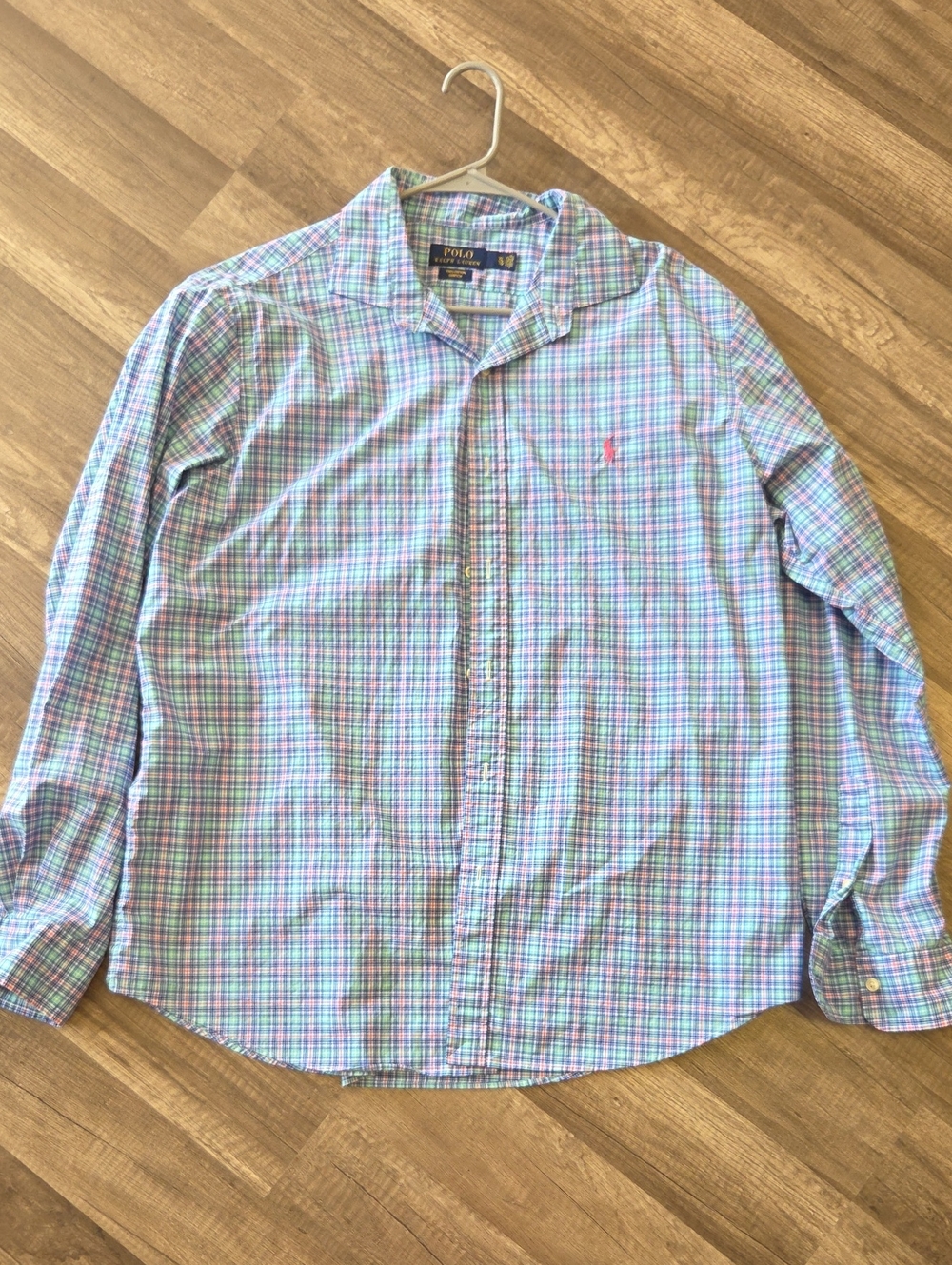 Polo by Ralph Lauren Men’s Light Blue and Pink Plaid Button-Down Shirt